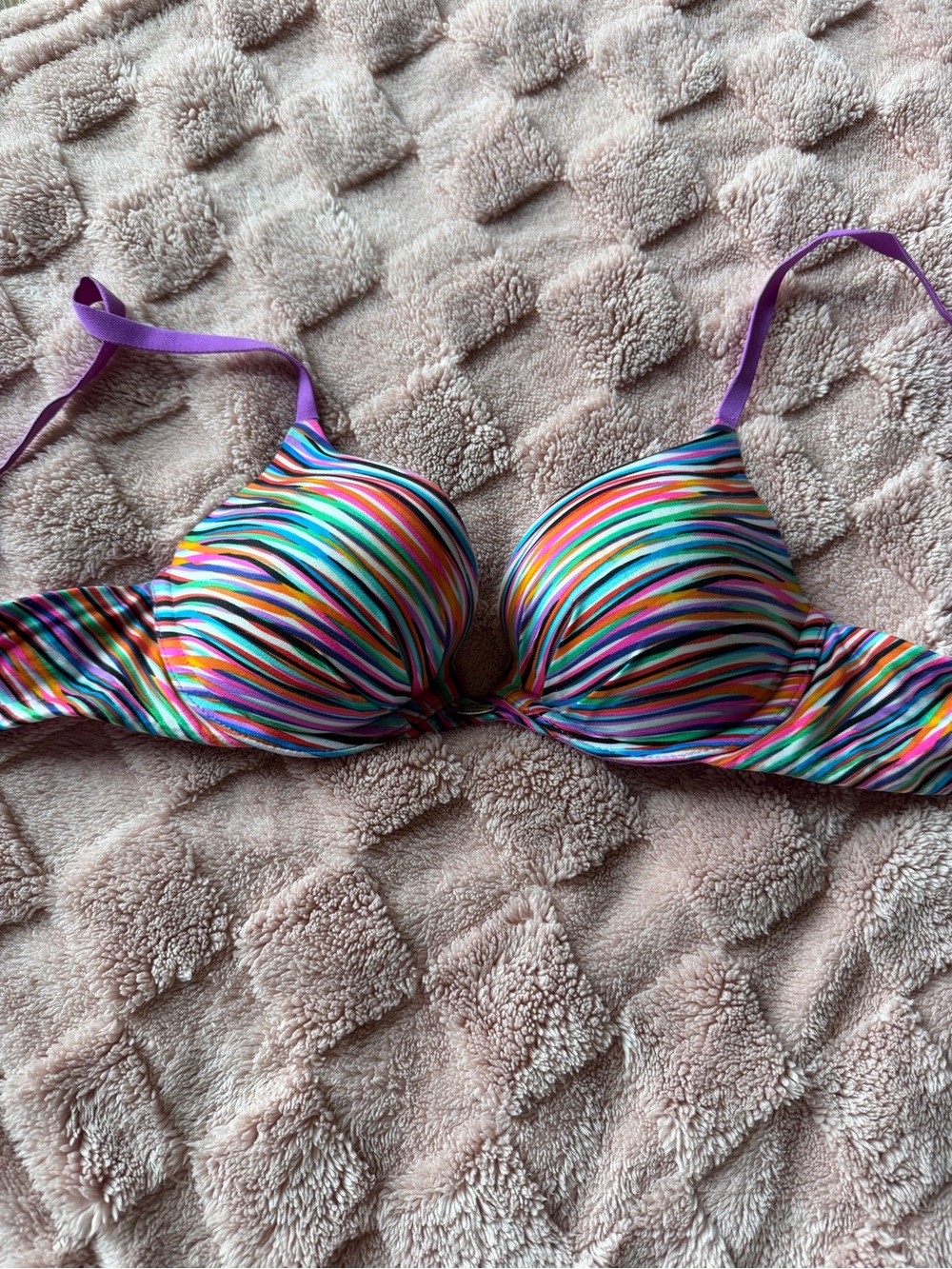 Victoria's Secret Multicolor Striped Bikini Top with Purple Straps